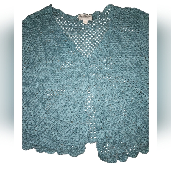 Crochet Linen Cardigan XL VTG Scalloped Norm Thompson Romantic Fairy Cottagecore - Picture 3 of 7